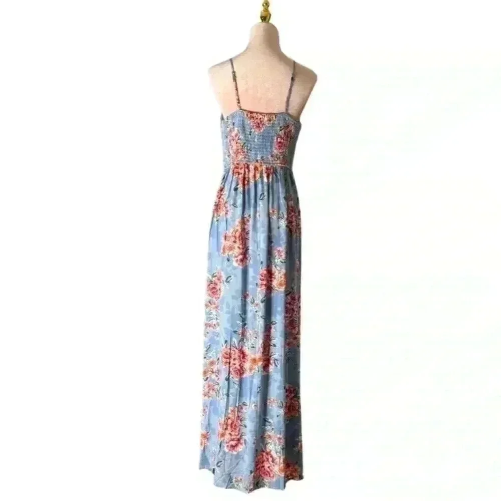 Band of Gypsies Floral Maxi Dress  Blue/Coral Medium NWT boho garden girl fairy - Picture 2 of 15